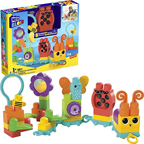 MEGA BLOKS Sensory Toys For Toddlers, Move 'n Groove Caterpillar with Building Blocks and Pull String For Movement
