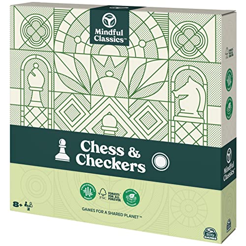 SPIN MASTER GAMES Mindful Classics, Chess Checkers Board Game Set with Bamboo Wooden Box Family Board Games Eco-Friendly Gift, for Adults and Kids Ages 8 and Up