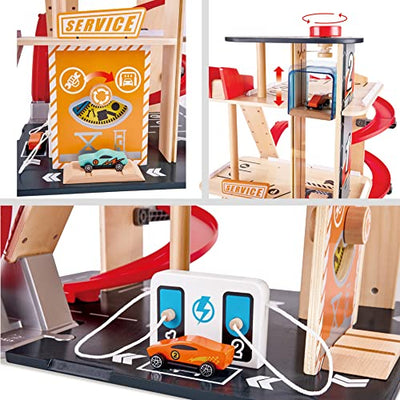 Garage Kids Wooden Toy Hape Gearhead Stunt Car Parking Garage Playset w Elevator and 2 Exit Tracks Detachable Loop StockCalifornia