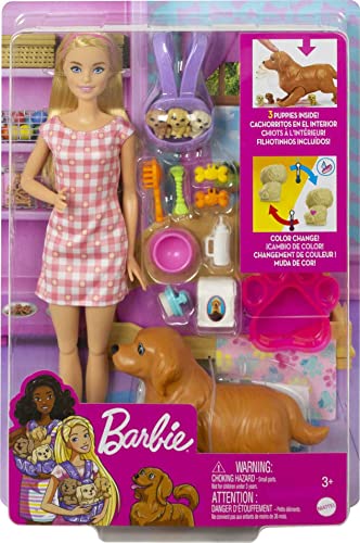 Barbie Doll and Newborn Pups Playset Doll (Blonde, 11.5 in) Mommy Dog with Birthing Feature, 3 Puppies & Nurturing Accessories - sctoyswholesale