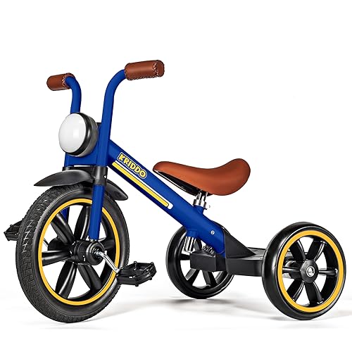 KRIDDO Kids Tricycles Age 2 Years to 5 Years, 12 Inch Puncture Free Rubber Wheel w Front Light, Adjustable Seat Height, Gift Toddler Tricycles for 2-5 Year Olds, Trikes for Toddlers, Blue