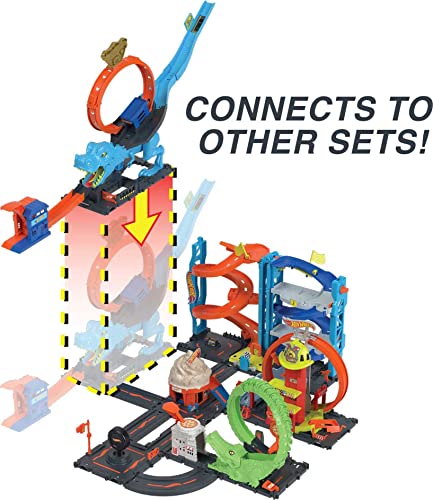 Hot Wheels City Track Set with 1 Toy Car, Race Through A Giant Loop to Defeat A Big Dinosaur, T-Rex Loop Stunt and Race Playset