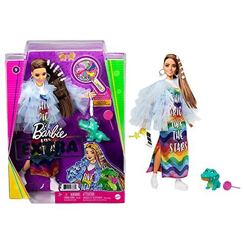Barbie Extra Doll #9 in Blue Ruffled Jacket with Pet Crocodile, Long Brunette Hair - sctoyswholesale