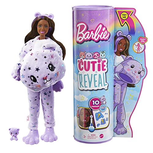 Barbie Doll, Cutie Reveal Teddy Bear Plush Costume Doll with 10 Surprises, Mini Pet, Color Change and Accessories, Fantasy Series 