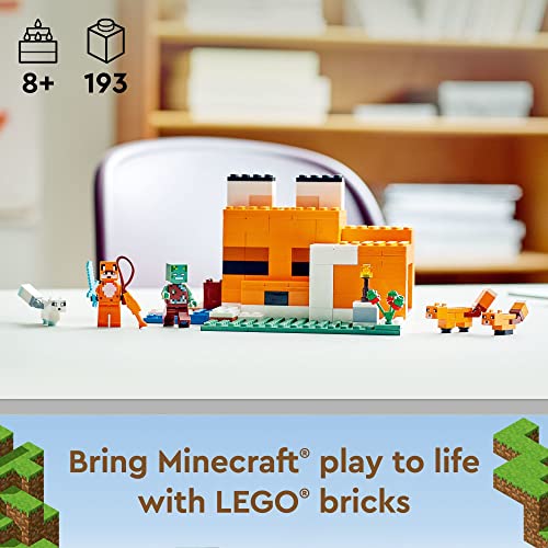 LEGO Minecraft The Fox Lodge House 21178 Animal Toys with Drowned Zombie Figure, Birthday Gift for Grandchildren, Kids, Boys and Girls Ages 8 and Up