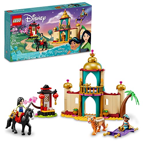 LEGO Disney Princess Jasmine and Mulan’s Adventure Palace Set, Aladdin & Mulan Buildable Toy with Horse and Tiger Figures