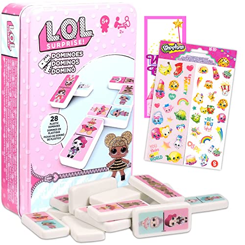 L O L LOL Dominoes Tin Game Set for Kids, Toddlers ~ 3 Pc Bundle with LOL Dolls Dominos Board Game, 300 Stickers, and Hanger LOL Dolls Birthday Party Games and Supplies, LOL dominos, LOL dominoes