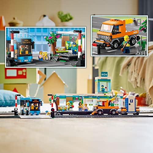 LEGO City Train Station Set with Toy Bus for Kids, Rail Truck, Tracks and Road Plate Level Crossing, Compatible with City Sets