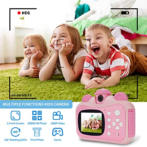 Instant Print Digital Kids Camera,Selfie 1080P Video Camera for Kid with 180° Rotating Len,32GB TF Card,Print Paper,Color Pens Set,Rechargeable Toy Camera