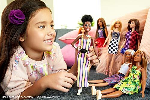 Barbie Fashionistas Doll with Vitiligo and Curly Brunette Hair Wearing Striped Dress and Accessories #135 - sctoyswholesale