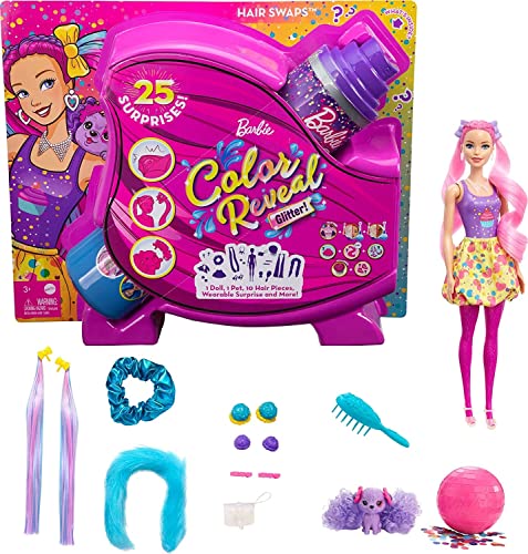 Barbie Color Reveal Glitter! Hair Swaps Doll, Glittery Pink with 25 Hairstyling & Party-Themed Surprises