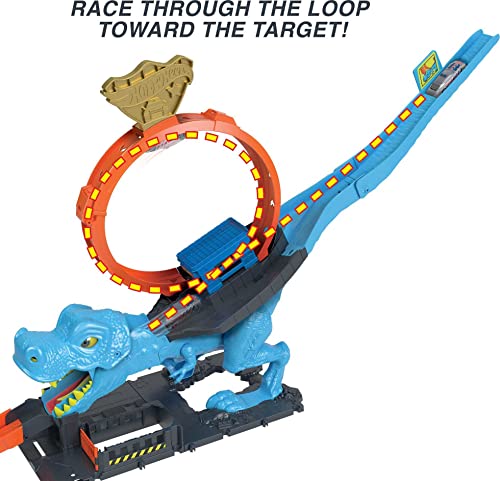 Hot Wheels City Track Set with 1 Toy Car, Race Through A Giant Loop to Defeat A Big Dinosaur, T-Rex Loop Stunt and Race Playset