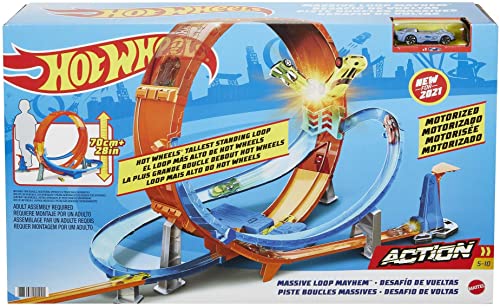Hot Wheels Massive Loop Mayhem Track Set with Huge 28-Inch Wide Track Loop Slam Launcher, Battery Box & 1 Hot Wheels 1:64 Scale Car, Designed for Multi-Car Play, Gift for Kids 5 Years & Up