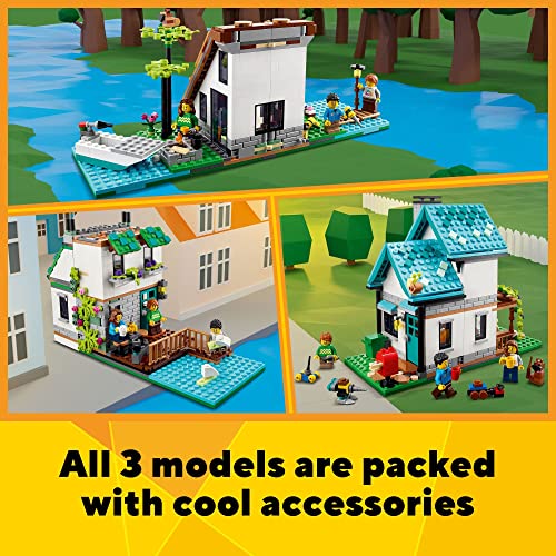 LEGO Creator 3 in 1 Cozy House Toy Set 31139, Model Building Kit with 3 Different Houses Plus Family Minifigures and Accessories, Gift for Kids, Boys and Girls