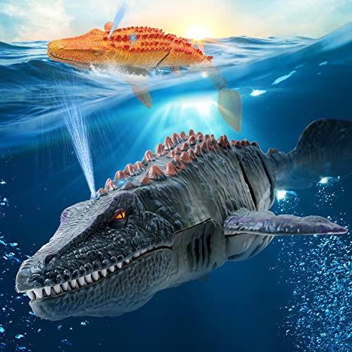 Remote Control Dinosaur Toys for Kids, Mosasaurus Diving Toys RC Boat with Light and Spray Water for Swimming Pool Lake Bathroom Ocean Protector Bath Toys