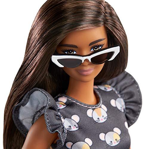 Barbie Fashionistas Doll with Long Brunette Hair Wearing Mouse-Print Dress, Pink Booties & Sunglasses, Toy for Kids 3 to 8 Years Old - sctoyswholesale