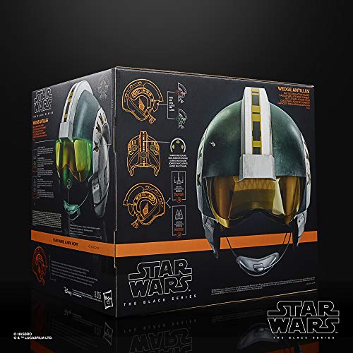  Side view of the Star Wars The Black Series Wedge Antilles Battle Simulation Helmet Premium Electronic Roleplay box. 