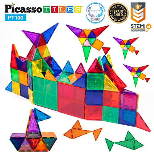 PicassoTiles 100 Piece Set 100pcs Magnet Building Tiles Clear Magnetic 3D Building Blocks Construction Playboards, Creativity Beyond Imagination
