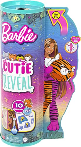 Barbie Cutie Reveal Fashion Doll, Jungle Series Tiger Plush Costume, 10 Surprises Including Mini Pet & Color Change