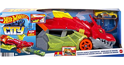 Cars Load & Launch On Dragon Launch Transporter, Hot Wheels City Toy 