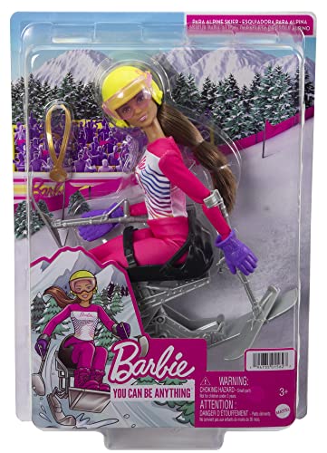 Barbie Winter Sports para Alpine Skier Brunette Doll  with Shirt, Pants, Helmet, Gloves, Pole, Sit Ski & Trophy