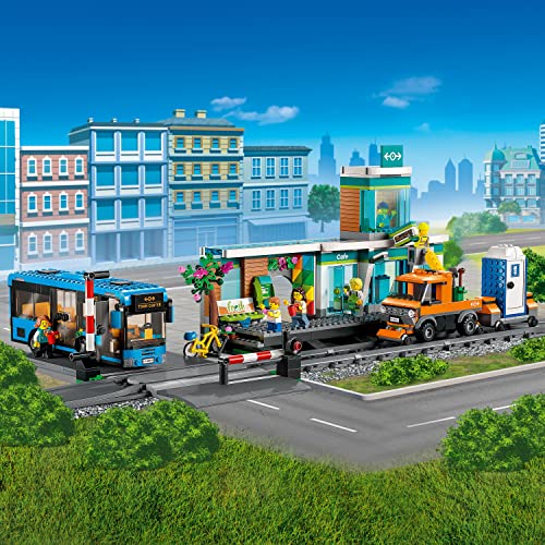 LEGO City Train Station Set with Toy Bus for Kids, Rail Truck, Tracks and Road Plate Level Crossing, Compatible with City Sets