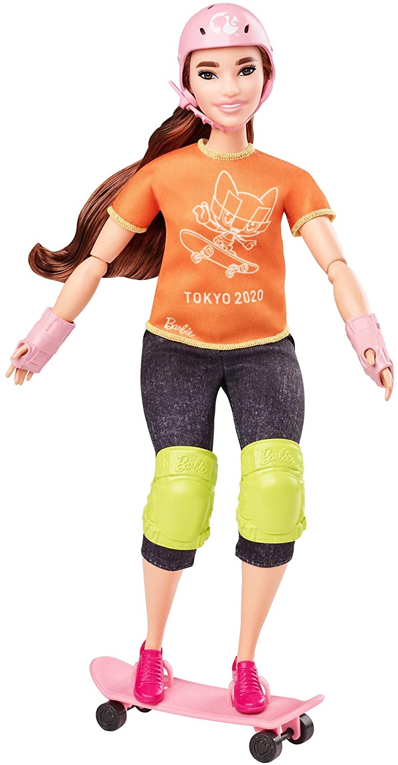 Barbie Olympic Games Tokyo 2020 Skateboarder Doll with Uniform, Tokyo 2020 Jacket, Medal, Skateboard, Wrist and Kneepads for Ages 3 and Up - sctoyswholesale