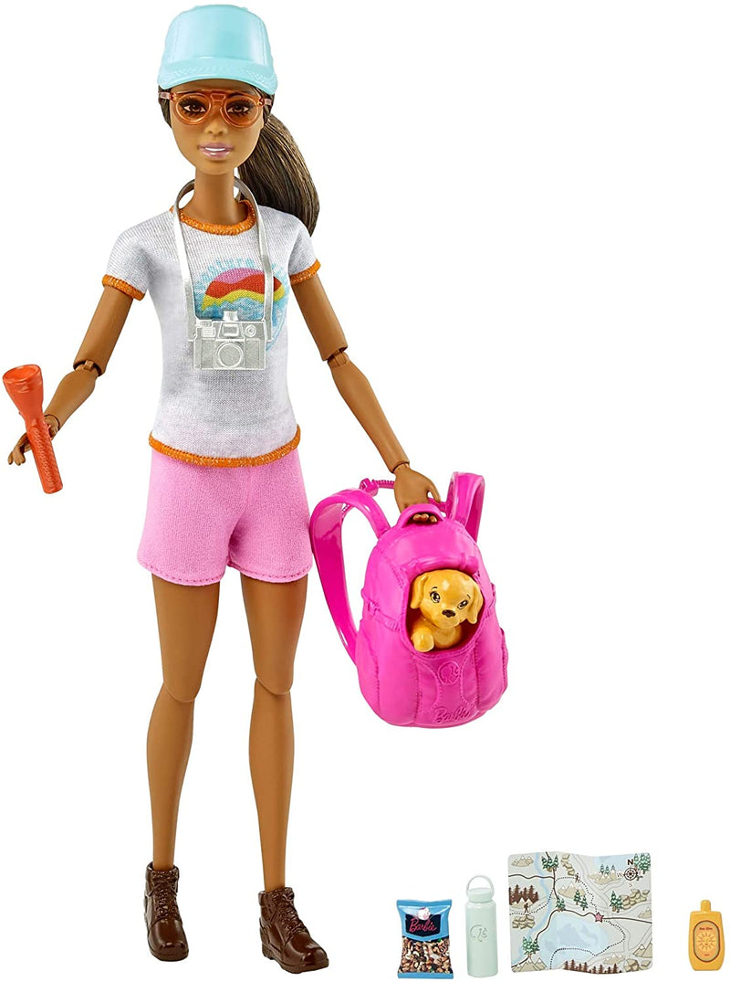 Barbie Hiking Doll, Brunette, with Puppy & 9 Accessories, Including Backpack Pet Carrier, Map, Camera & More - sctoyswholesale