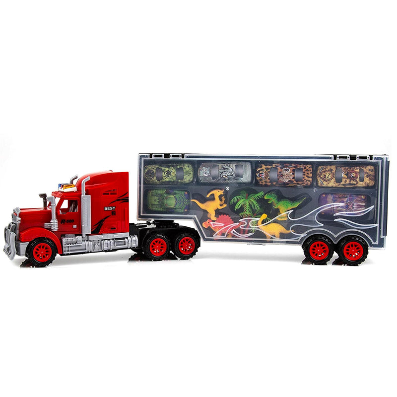Large Mobile Garage Transport Truck With Cars And Dinosaurs - sctoyswholesale