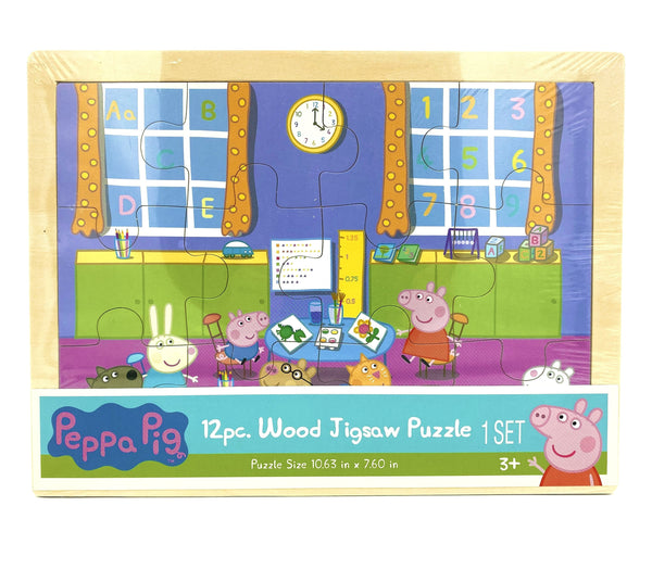 The front of a Peppa Pig Wooden Jigsaw Puzzle box with a cartoon drawing on the front. 